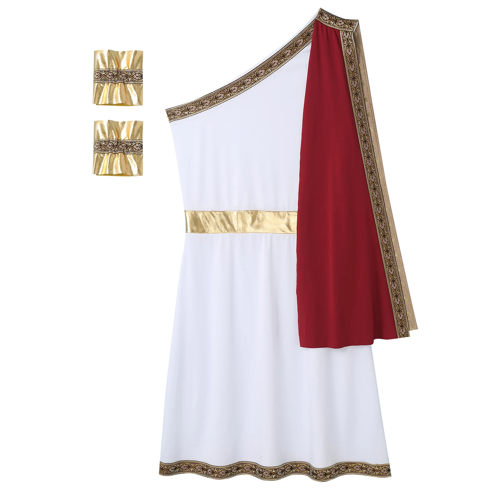 Men Halloween Ancient Greek Roman King Prince Cosplay Costume One Shoulder Embroidered Trim Robe Toga with Cuffs for Theme Party