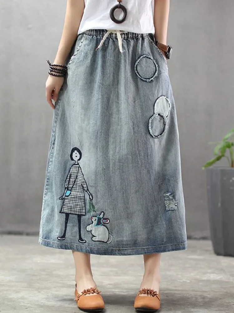 AmaxluluE 2025 Fashion Streetwear Women Summer Classic Embroidery Loose Denim Holes Skirts Ladies Casual Vintage Cartoon Clothes