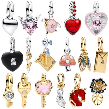 925 Silver Angel Wing Pink Heart Lock Key Charm Bead 1