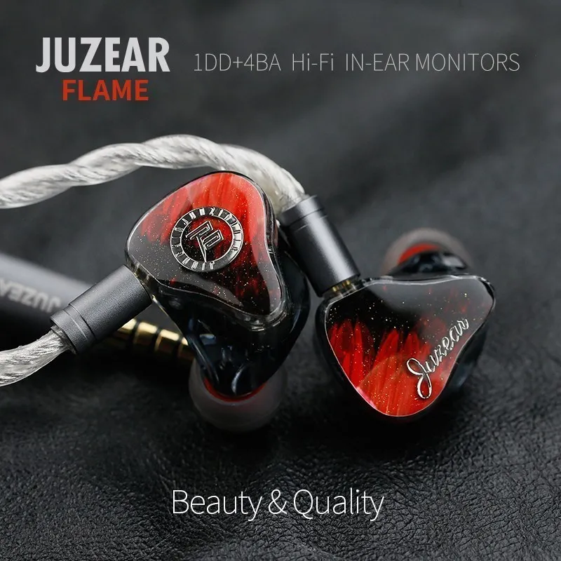 Angelears & JUZEAR FLAME 인이어 이어폰 모니터 헤드폰, 분리형 케이블 IEM 이어폰, HiFi 스테레오 유선 이어버드, 1DD + 4BA