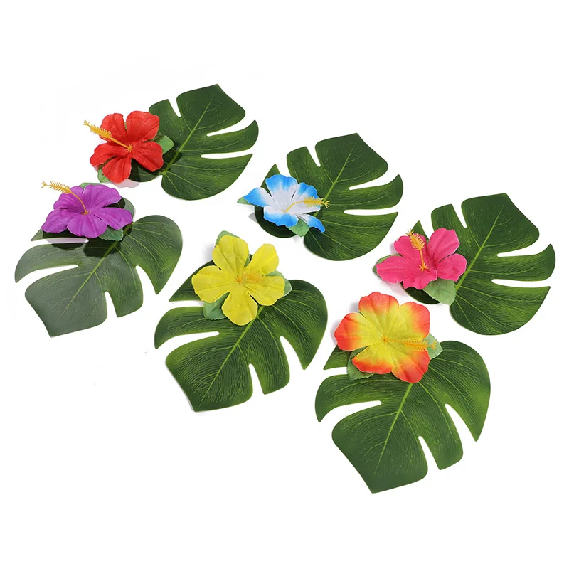 12/30pcs Artificial Tropical Palm Leaves Hibiscus Flower for Hawaiian Luau Tropical Party Table Decoration DIY Wedding Birthday