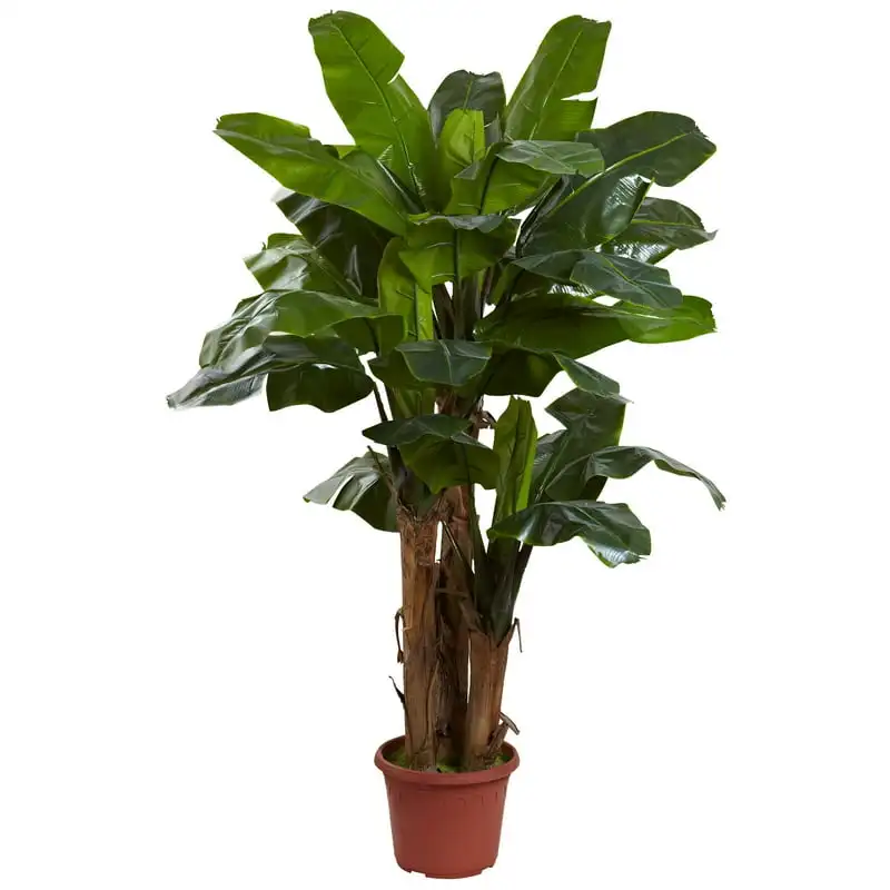 

Giant Triple Stalk Banana Artificial Tree (Indoor/Outdoor) Bouquet wrapping paper Eucalyptus leaves Blue flowers artificial Peon