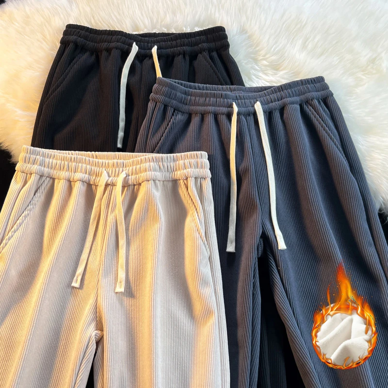 

2023 New Classic Fleece Warm Trousers Oversize Korean Streetwear Casual Wide Waist Joggers Sweatpants Winter Corduroy Pants Men