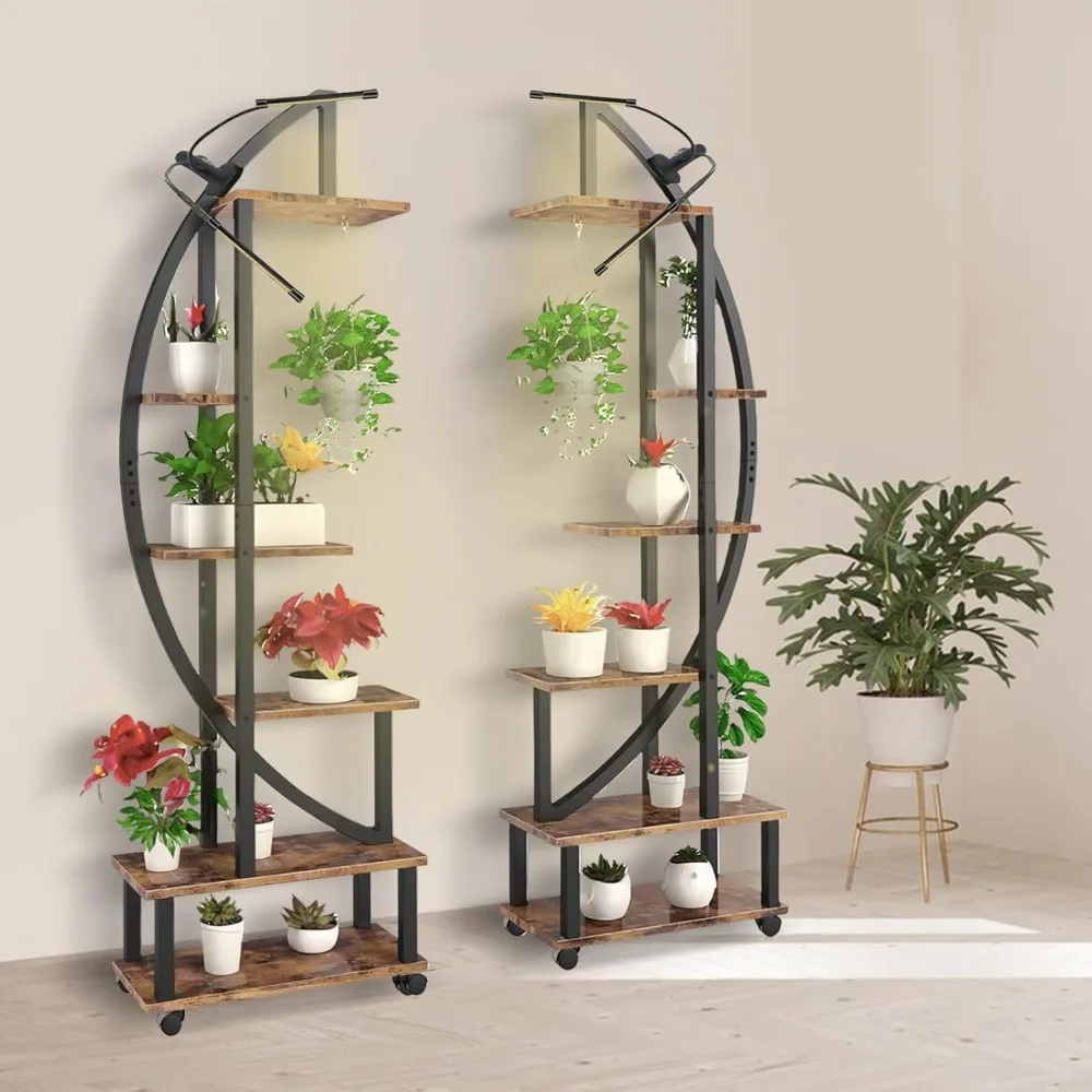 

2 pcs 6 Tier Tall Metal Plant Stand Indoor with Growing Light, Half Moon Shape Large Plant Shelf & Detachable Wheels