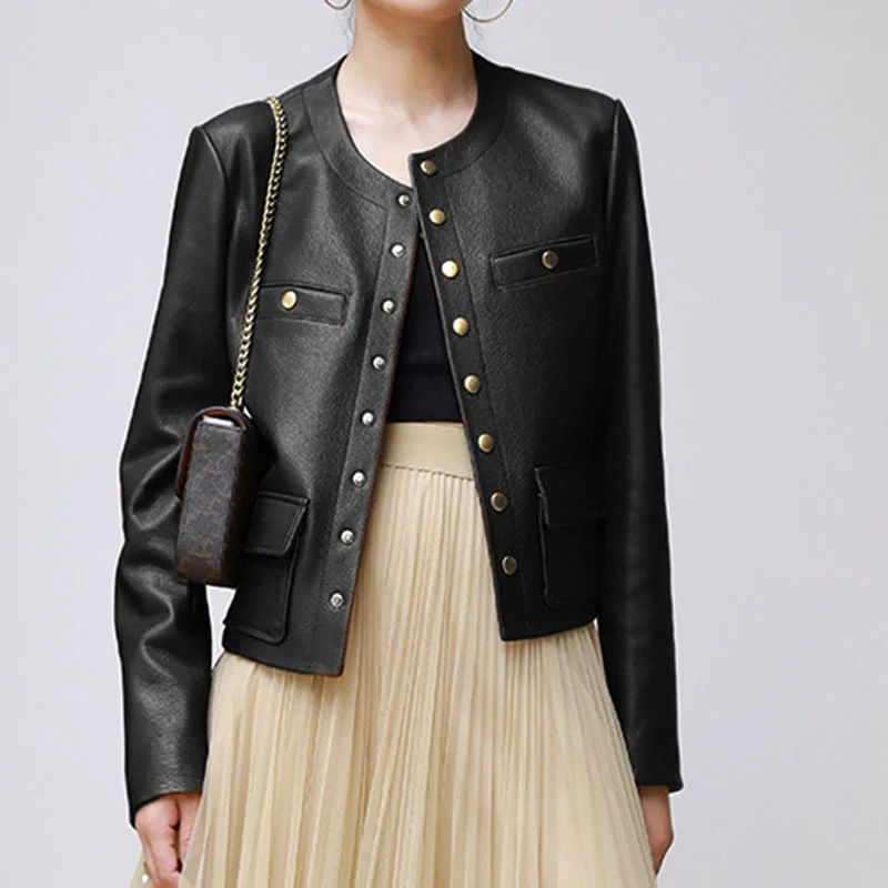 

Genuine leather coat spring new sheepskin round neck deer embossed metal single breasted short top coat