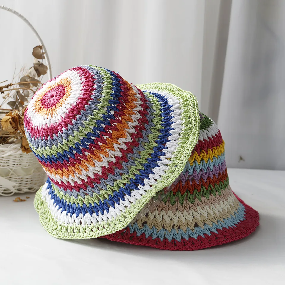 Lot De 2 Chapeaux Seau En Paille Pour Femme - Noir Et Beige, Taille Unique, Maille Creuse - Protection Solaire, Plage, Extérieur