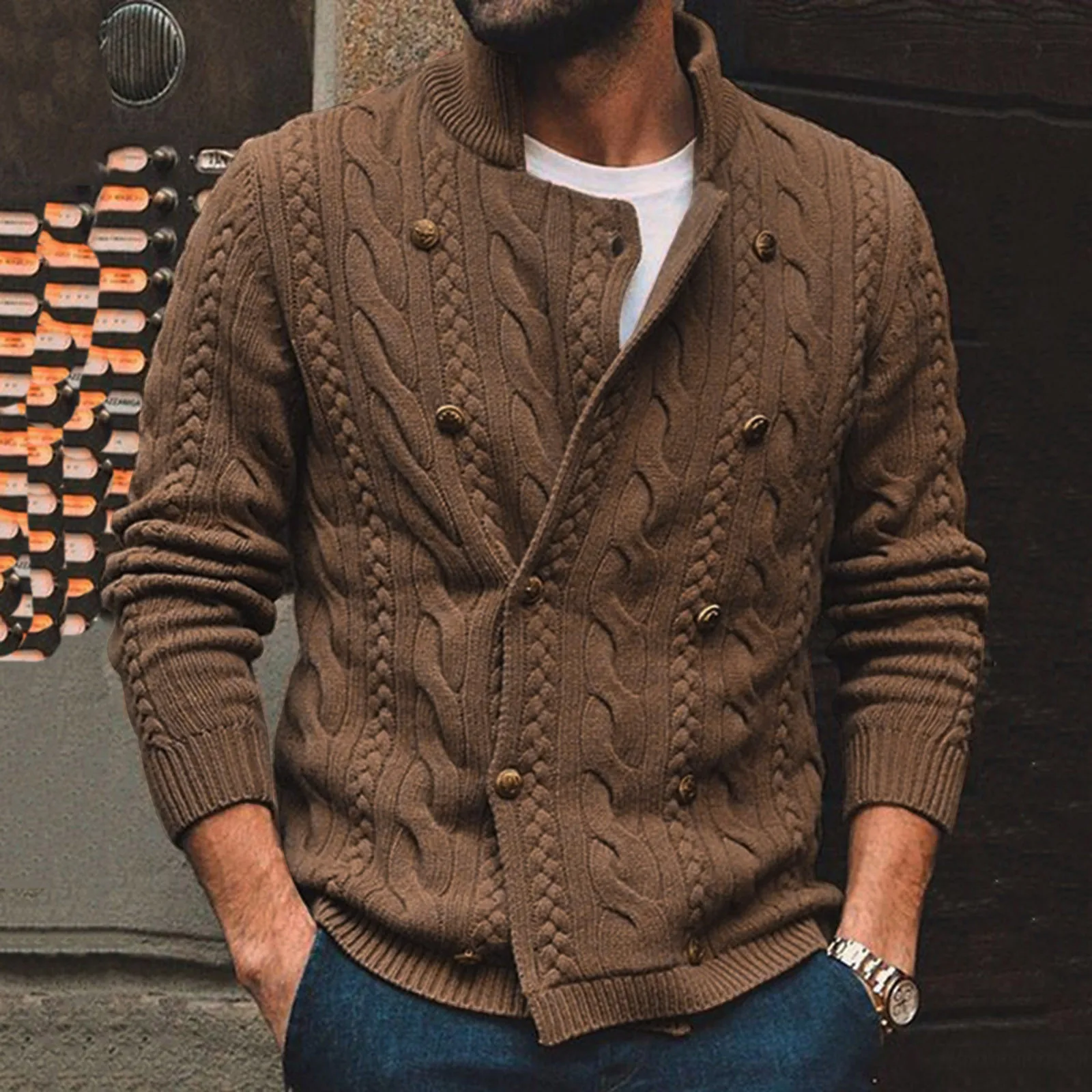 

Solid Color Knitted Sweaters Casual Sweater Stand Collar Cardigan Button Men's Sweater Long Sleeve Dailywear Sueteres Hombre