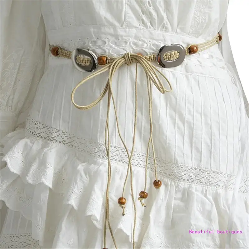 Cowgirl Belt Braided Waistband with Beads Weave Braided Vintage Tie Waistband for Country Girls DropShip