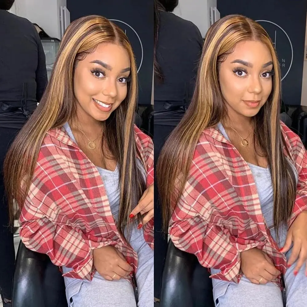 Honey Blonde 13x4 HD Lace Front Wig Human Hair Highlight Straight Lace Frontal Wigs Human Hair Pre Plucked 22 Inch 200% Density