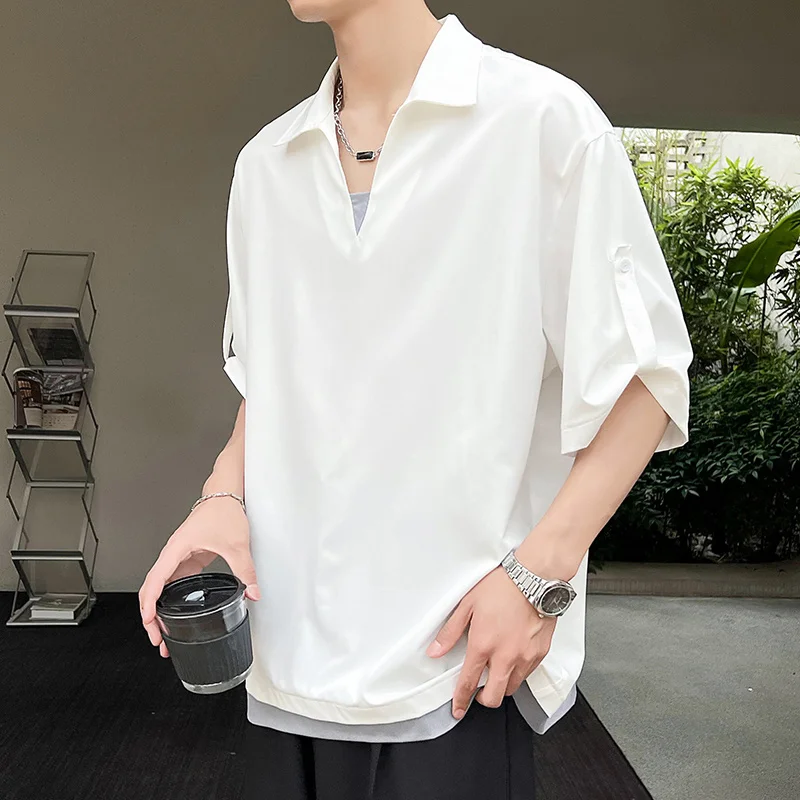 

Summer Short Sleeve Shirt Men Fashion Society Mens Dress Shirt Korean Loose Ice Silk Shirts Mens Pullover Shirt Plus Size M-5XL