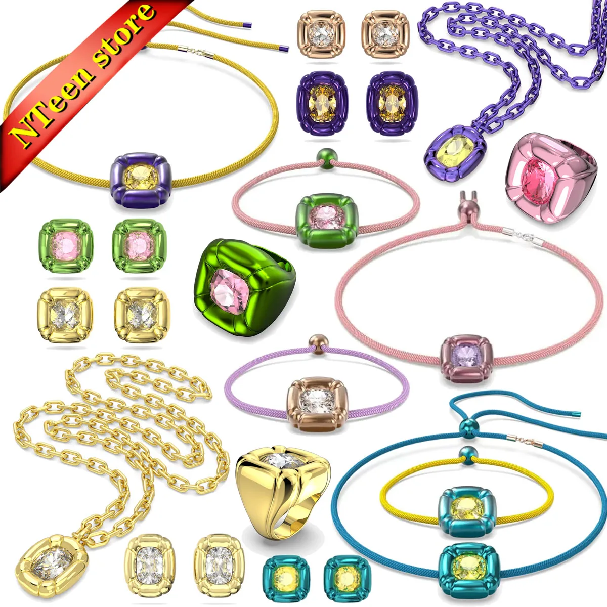 

2024 Dulcis Women's Colorful Green Necklace Bracelet Pink Ring Yellow Earrings Exquisite Jewelry Set High Quality Crystal Gift
