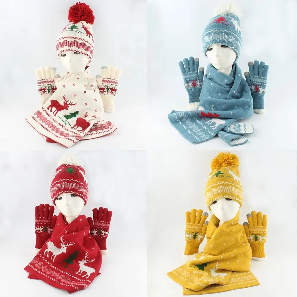 

Knitted Christmas Hat Scarf Gloves Set Cold Protection Winter Warm Christmas Touch Screen Gloves Christmas Elk Beanie Cap