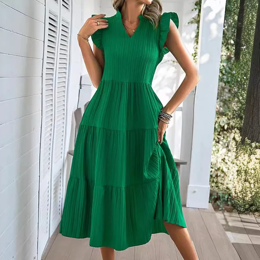 

fashion Casual loose Ruffle Sleeve V-Neck A Line Tiered Long Beach Dress 2024 Summer green party Maxi Dresses for Women Sundress