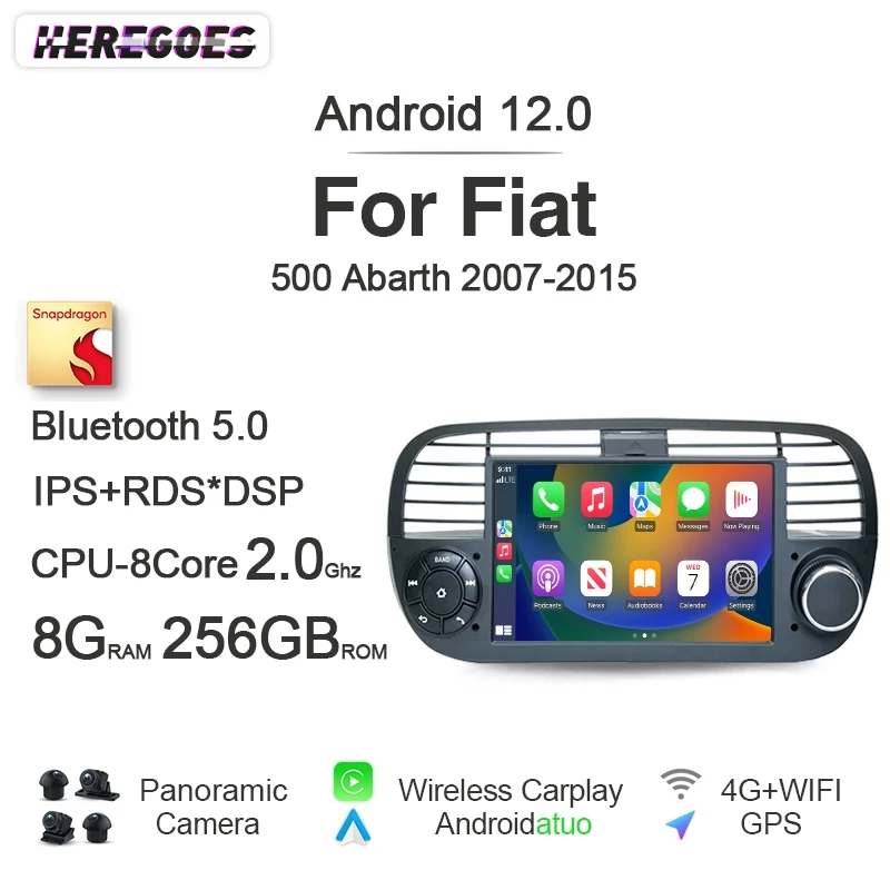 Carplay 7 "Auto Android 12 Lettore Dvd Per Auto Navigazione Stereo 8 + 256G Autoradio Bluetooth Gps Radio Per Fiat 500 Abarth 2007-2015