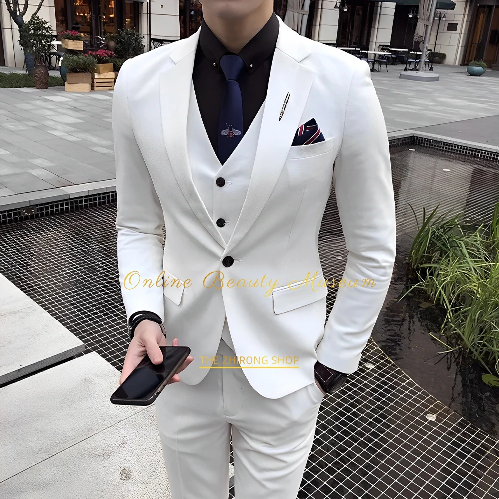 

Men's white 3-piece suit, black single-breasted button jacket + vest + trousers, wedding banquet dinner party cocktail dress