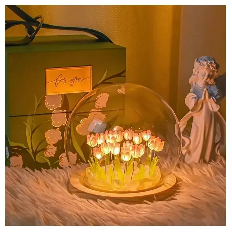DIY Artificial Tulip Flower Night Light Ornaments Handmade Bedside LED Night Lamp Bedroom Desk Decor Birthday Gifts Table Lamp