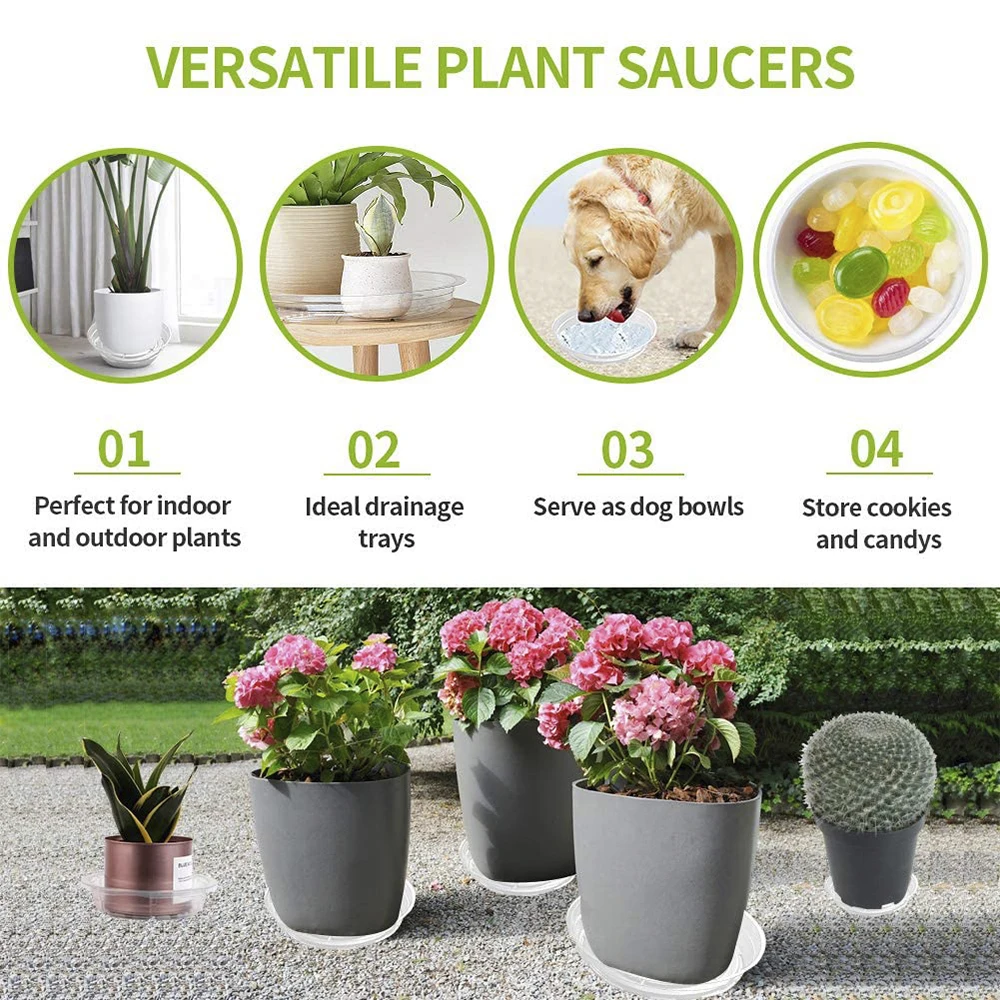 10pcs Clear Plant Saucers Round Sturdy Plastic Flower Pot Garden Plant Care Transparent Drip Trays Set 6/8/10 Inch Selectable
