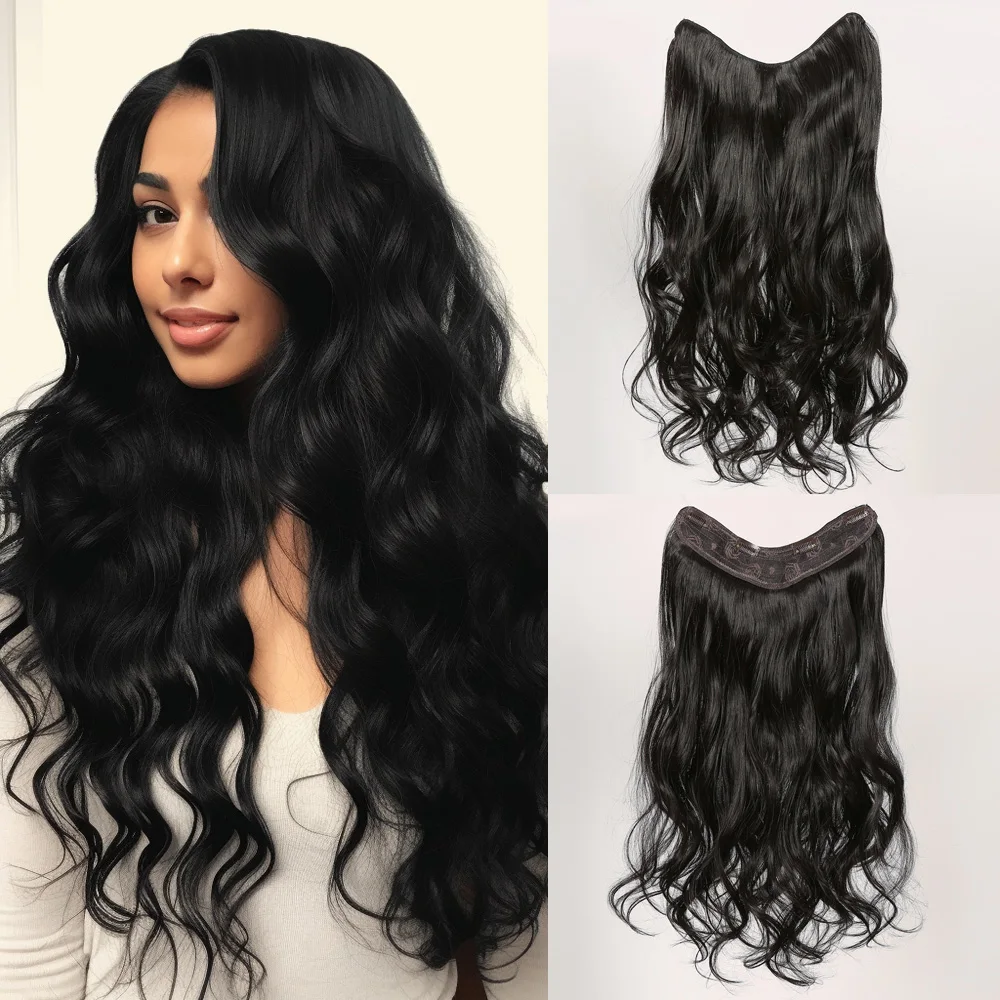 

HAIRCUBE V Part Hair Extensions Synthetic Long Wavy Clip In Hair Extensions Black One Piece Invisible Hairpiece for Women Daily