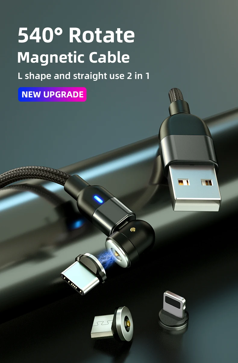 AUFU 540 Drehen Magnetisches Typ C Kabel 3 in 1 Schnellladekabel Für iPhone Xiaomi Samsung Huawei Micro USB Magnet Ladekabel – Detail 1