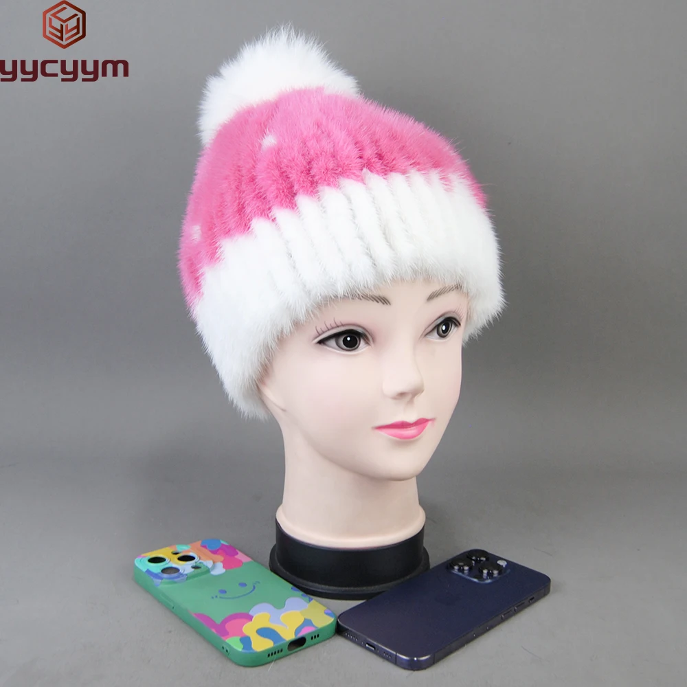 

Women Hat Fashion Winter Pom Mink Fur Hats Female Warm Thick Stylish Girl Hat With Real Fur Elegant Knitted Fox Caps Beanies