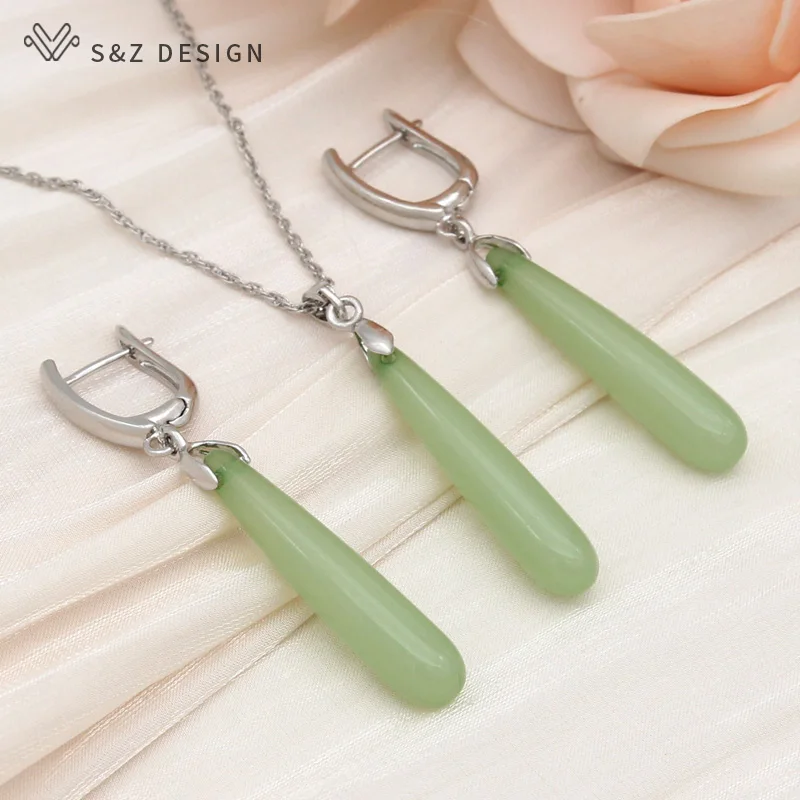 S&Z DESIGN New Fashion Long Water Drop Dangle Earrings Jewelry Sets For Women Wedding 585 Rose Gold Color Pendant Necklace