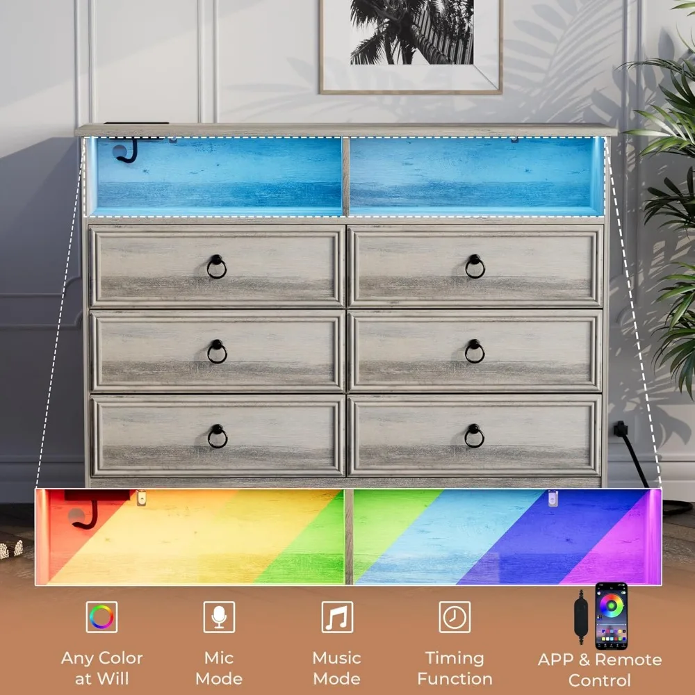 6 Drawer Dresser for Bedroom with LED Lights and Charging Station, Wood 6 Chest Drawers, Large Storage 5