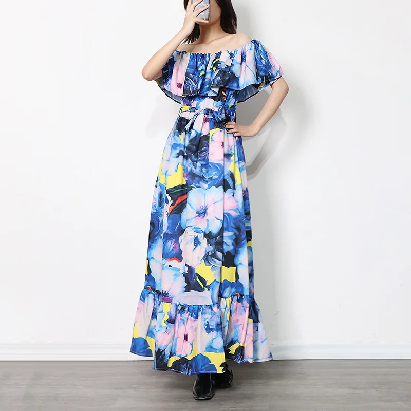 

Summer Women's Dress 2023 New Commuter Blue Print One-Line Shoulder Sleeveless Peplum High Waist Lace-Up Long Dress
