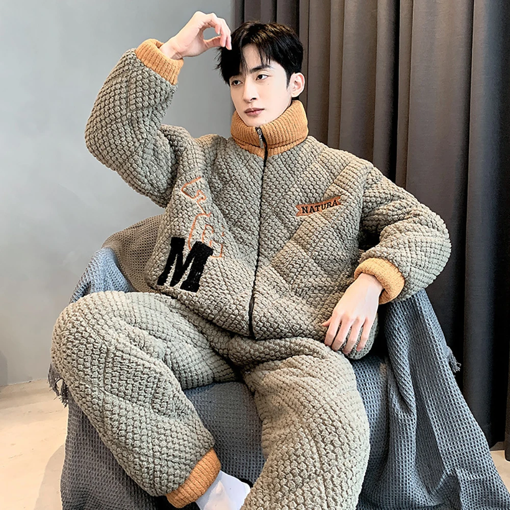 3-Layer Super Thicken Coral Fleece Zipper Sleepwear for Sleeping Warm Men's Winter Pajamas Set Casual Loose Soft Pijama Hombre