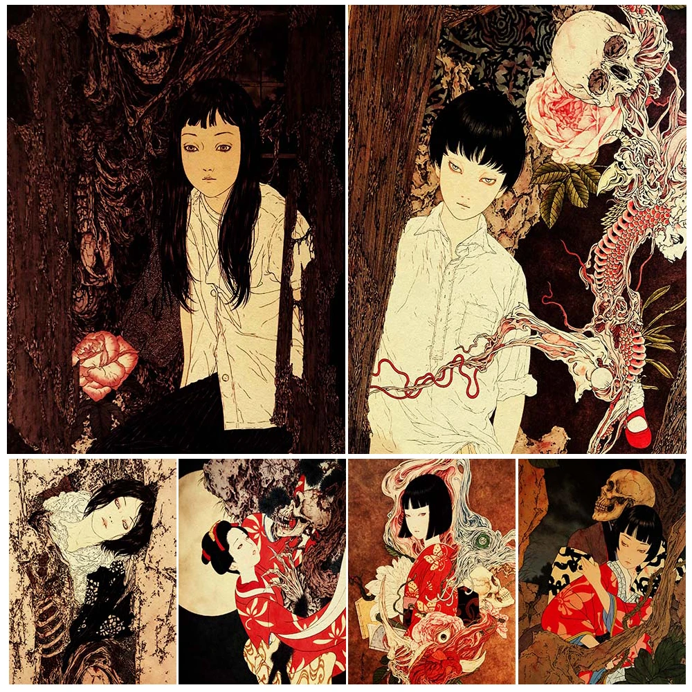 

Skeleton And Girl Asian Horror Folklore Vintage Wall Art Canvas Painting Creepy Kimono Girl Gothic Art Poster Print Home Decor