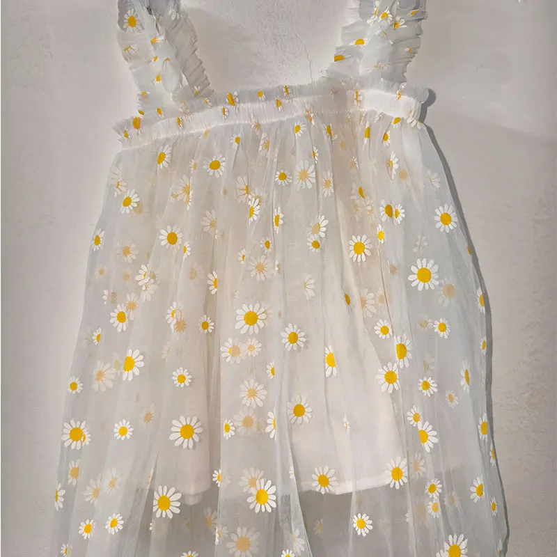 Sommerkleid für Babymädchen aus Tüll mit Gänseblümchenmuster, Ärmelloses Trägerkleid für Kleinkinder, Prinzessinnenkleid für Geburtstagsfeiern – Detail 6