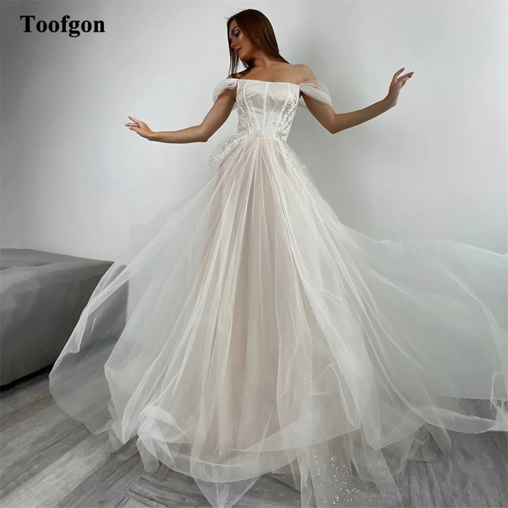 

Toofgon Glitter Tulle Boho Wedding Gowns For Bride Off Shoulder Beaded Women Special Wedding Party Dress Princess Bridal Gowns