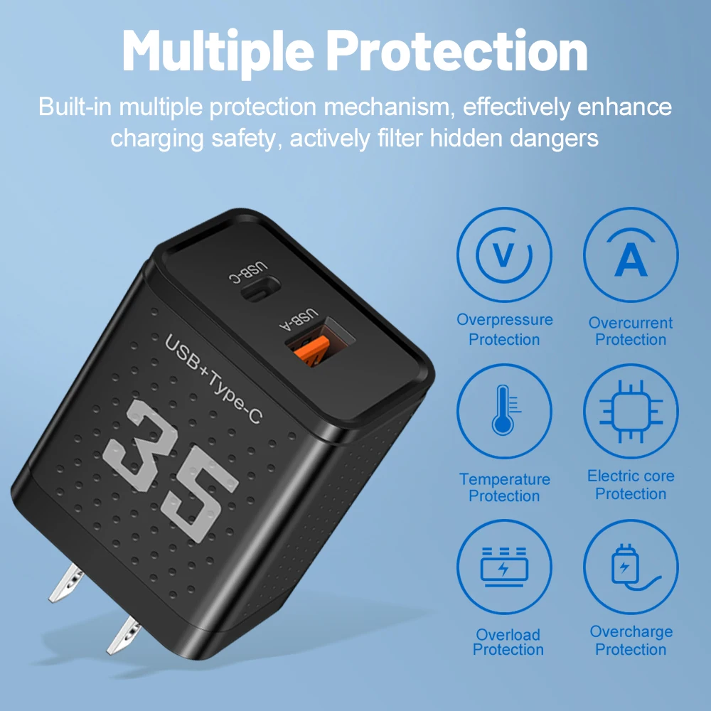 35W USB PD Phone Charger 2 Ports PD Fast Charging Adapter QC3.0 For Xiaomi iPhone15 14 Samsung Huawei Mobile Phone Wall Charger