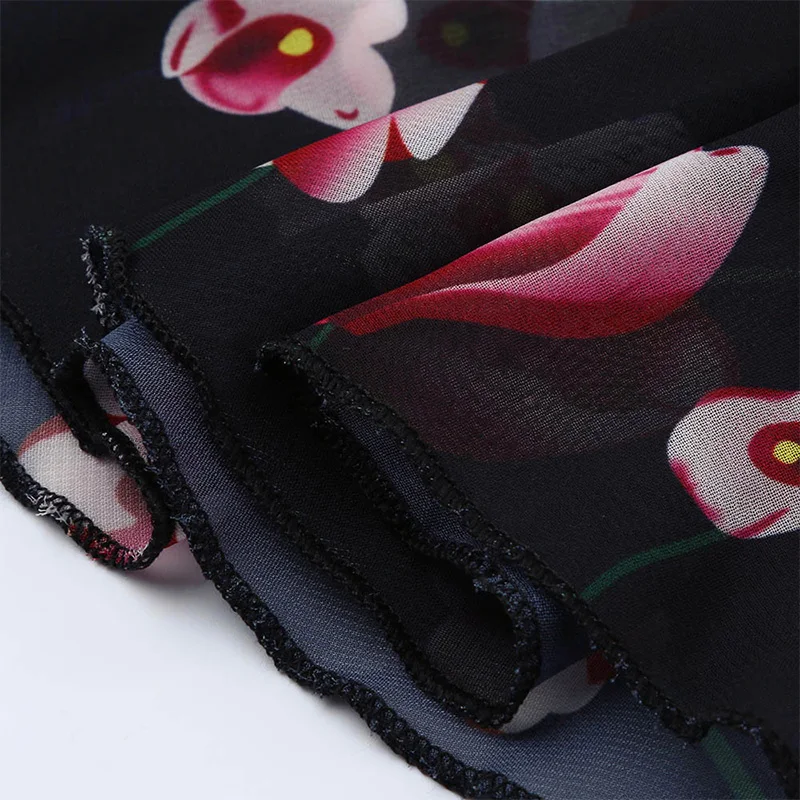 Plus Size Temperament Women's Clothing Black Splicing Floral Digit Print Summer V-Neck Short Sleeve Pullover Midi Princess Dress