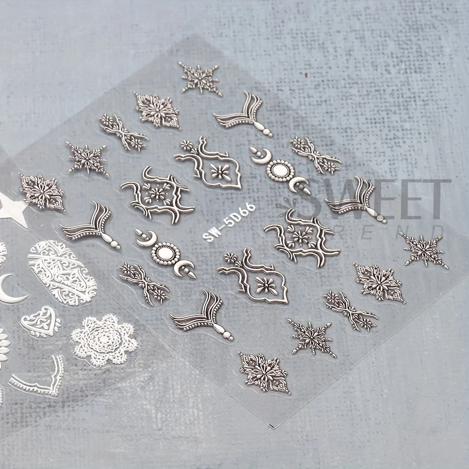 5D Fashion Totem Embossed Nail Stickers Black White Filigree Retro Self Adhesive Decals Lace Flowers Relief Manicure Folis Decor