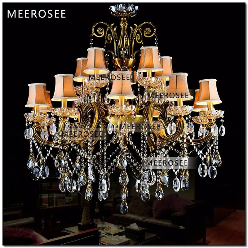 

Big Crystal Chandelier Light Fixture Antique Brass Large Home Indoor Lamp Suspension Lustres with Lampshade MD8504-L15