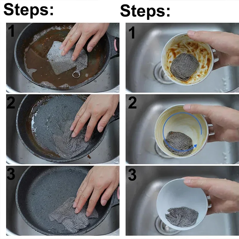 Cleaning Cloth 10/5/3PCS 20cm Metal Wire Mesh Double-layer Non-stick Oil Steel Wire Dishcloths Kitchen Pan Pot Dishes Cloths