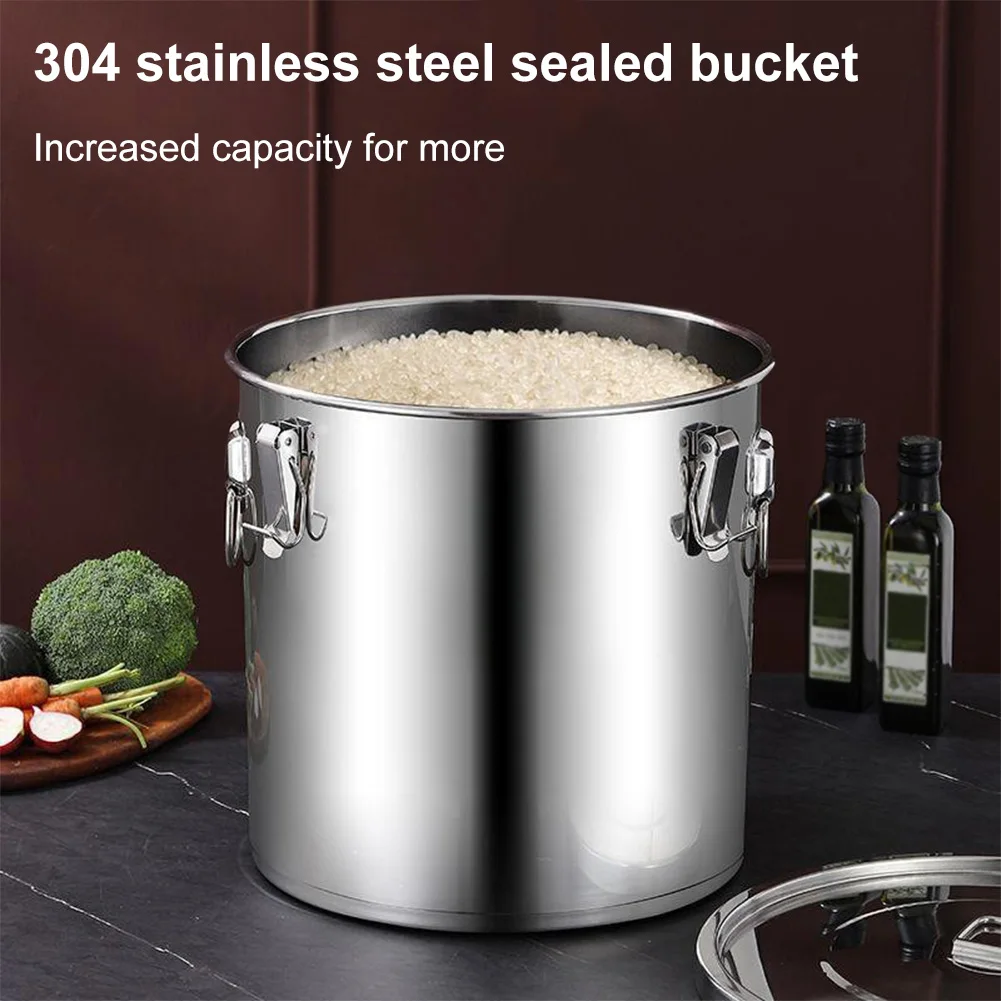 6/12/21/33L 304 Stainless Steel Airtight Canister with Lid Food Oil Sugar Milk Storage Bucket w/Handles for Home Kitchen