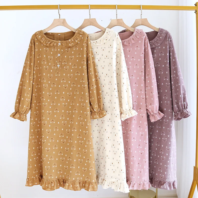 

Autumn Winter New Ladies Long Nightwear 100% Cotton Brush Nightdress Long Sleeve Sleepgown Casual Home Dress Women Sleepwear