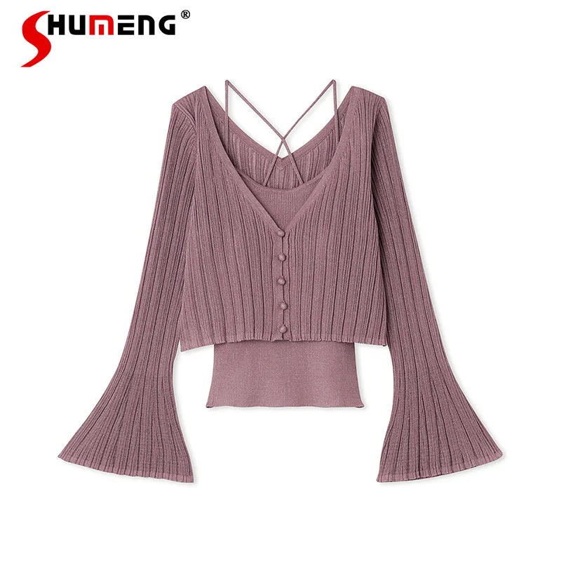 

2023 Autumn New Sweet Solid Color V-neck Flared Sleeves Cardigan Sling Basic Suit Two Piece Set Y2k Women's Clothing Accessories