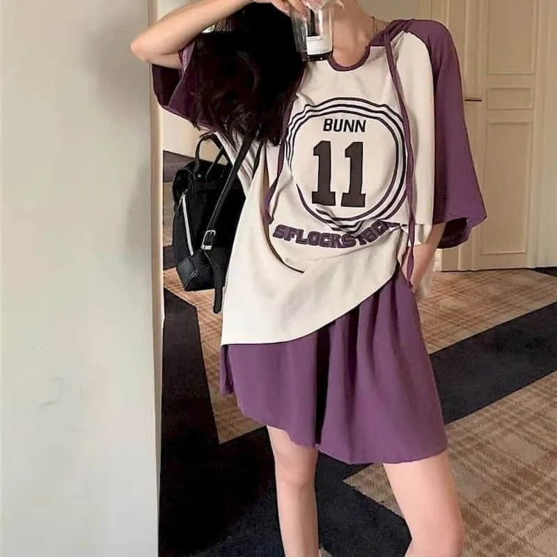 

Sporty Shorts Sets Loose Korean Style Short Sleeve Hooded T-shirt and Elastic Waist Pants Two Piece Sets Casual Women Clothing