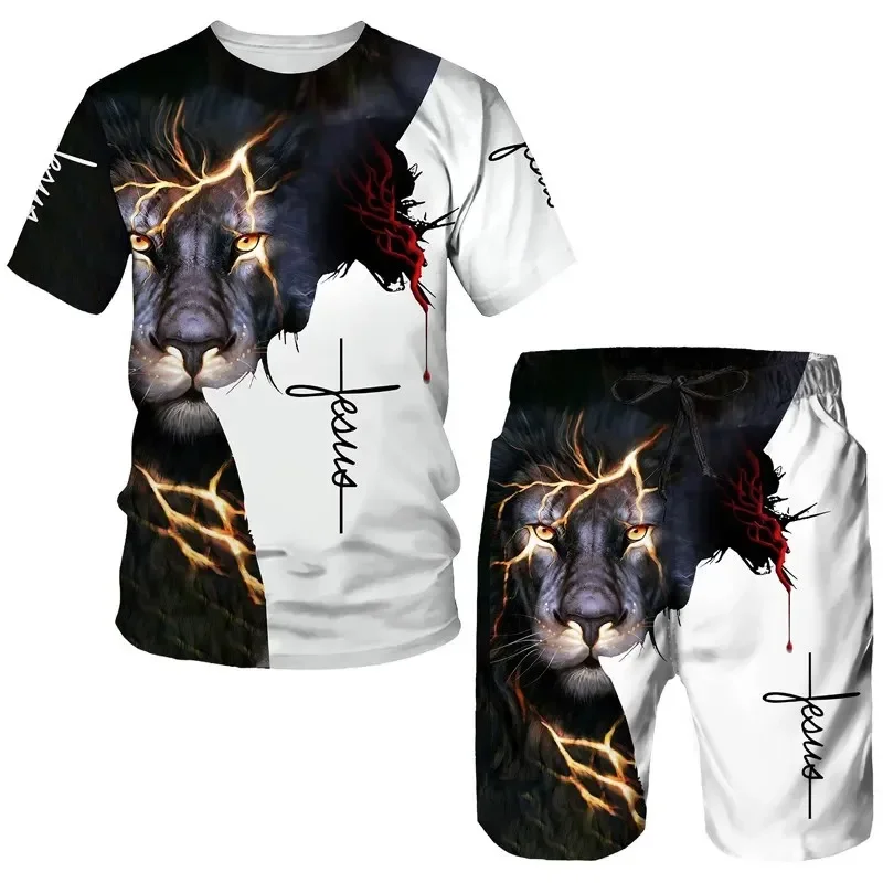 2024 Summer New Men's Animal Tiger Sports Set 3D Printed Animal Tiger Pattern Men's Short Sleeved T-shirt Set Men Two-Piece Set