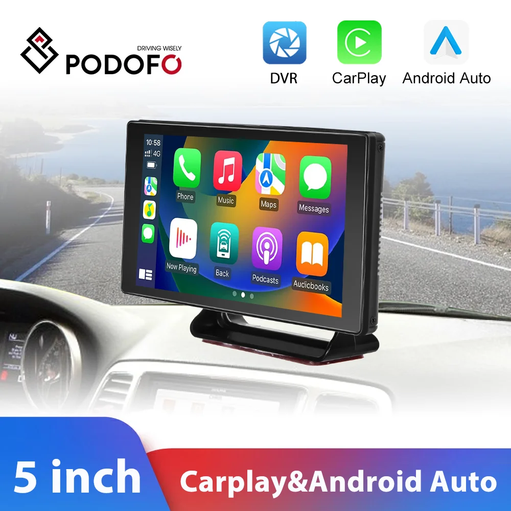 Podofo 5 calowy Monitor Carplay Android Auto DVR kamera na deskę