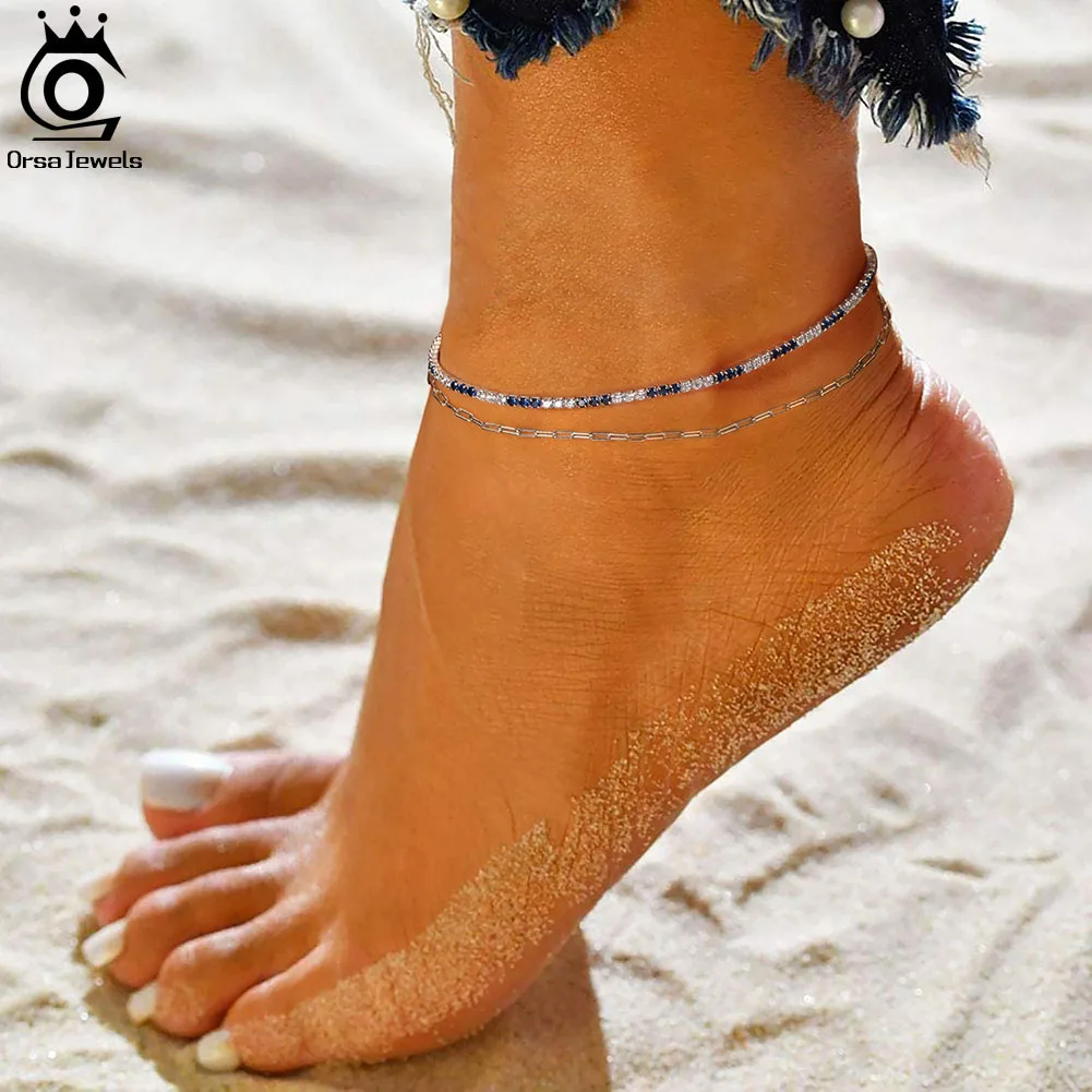 Silver Anklets ORSA JEWELS 925 Sterling Silver Tennis Zirconia Anklet Women Summer Foot Chain Fashion Ankle For Girl Birthday Gift SA19