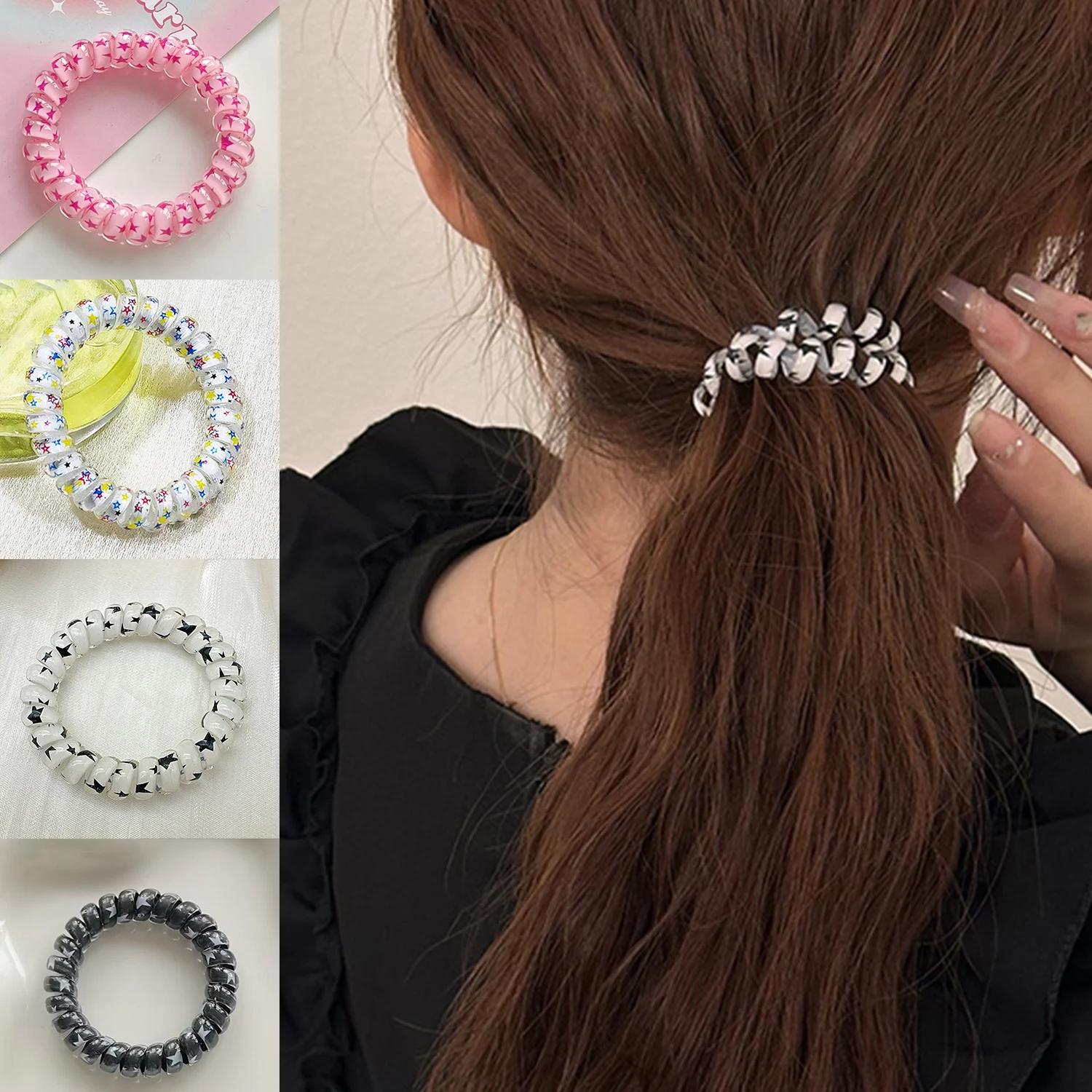

1PC Pentagram Pattern Telephone Line Hair Bands For Girls Two Colors Sweet Ponytail Holder Scrunchies Hair Ring Hair Accessories
