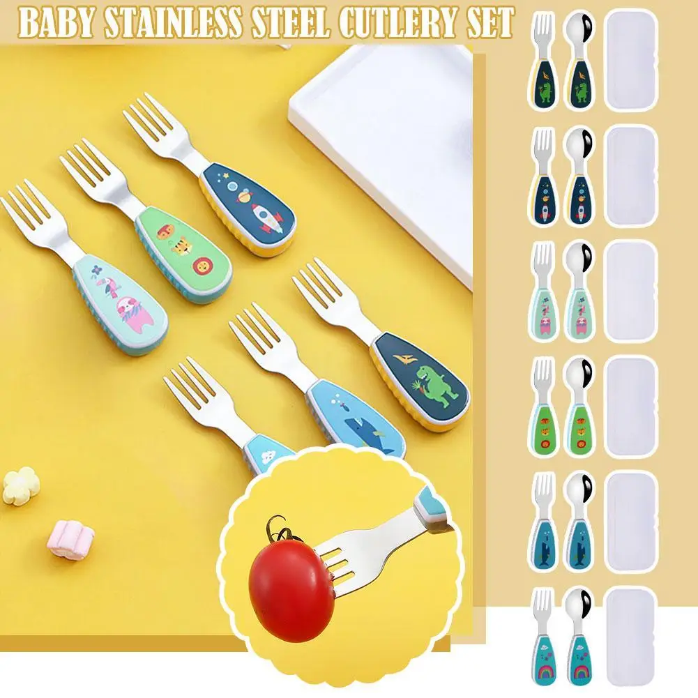 2Pcs Short Handle Utensil Toddler Utensils Cute Toddler Feeding Spoon And Fork Set Steel Innovative Cartoon Dinosaur