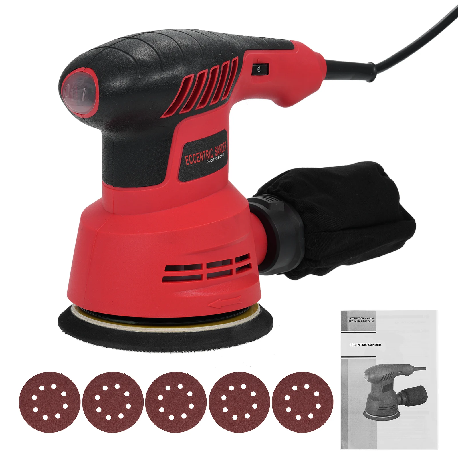 Random Orbital Sander 300W 13000RPM Electric Orbital Sander with 6 Variable Speeds Palm with 5Pcs Sandpapers and Dust Bag