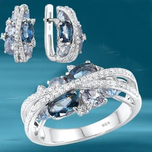 Blue Zircon Jewelry Sets for Women Moissanite Crystal Earrings Ring Set Valentines Day Gift Wedding Jewelry Conjuntos De Joyeria