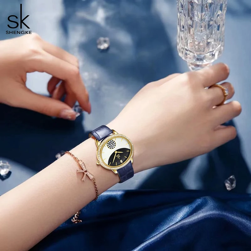 Shengke Leather Strap Ladies Watches Fashion Diamond Woman's Quartz Wristwatches Top Luxury Girl's Gift Clock SK Montre Feminino