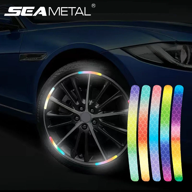 SEAMETAL 20/40PCS Car Wheel Hub Reflective Stickers Rainbow/Breakpoint Waterproof Strips Luminous Tapes for Car Bike Motorcycle