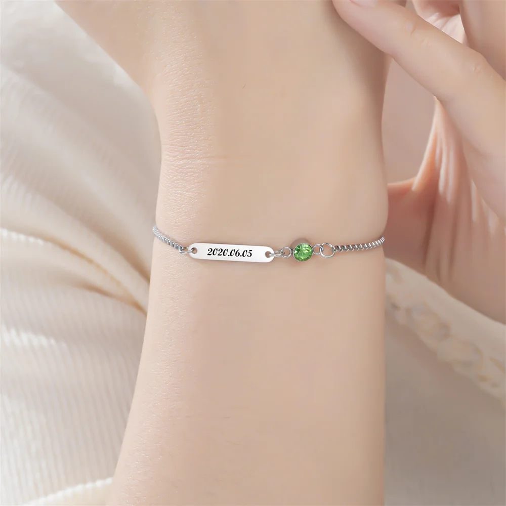 Custom Birthstone Engraved Bar Name Initial Date Bracelet Stainless Steel Personalized Jewelry Mother's Day Gifts Wife_voghion.com